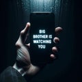 Dystopian Surveillance: Hand Holding Phone with \'Big Brother is Watching You\' Text - AI Generated Image