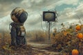 Dystopian world with abandoned robot, TV set and vegetables