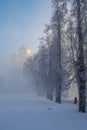 Dzerzhinsky, Russia - December, 2016: Ugresha Monastery in a foggy winter day