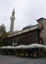 Dzhumaya Mosque in the historic center of Plovdiv and at the bottom Djumaia Turkish coffee and tea. Plovdiv is the second largest