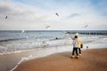 Two women feed birds at the beach on a cold day. Royalty Free Stock Photo