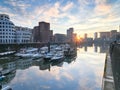 ÃÂ¼sseldorf, Germany - January 1, 2021: Beautiful New Years sunset in the media harbour. Marina Dusseldorf