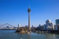 Panoramic view from medienhafen on Gehry houses, tv tower and bridge against deep blue cloudless sky in winter