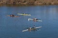 Iew on group canoeists on river of Medienhafen