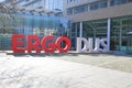 View on logo lettering of ergo insurance group at entrance of german headquarter