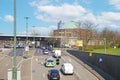 View on rhine riverside multilane expressway with bridge and Tonhalle