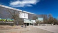 View on modern museum building with sign of solidarity for ukrainians Royalty Free Stock Photo