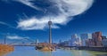 Panoramic view over river rhine on skyline with tower, gehry houses, bridge against spectacular blue winter sky Royalty Free Stock Photo