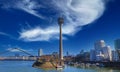 Panoramic view over river rhine on skyline with tower, gehry houses, bridge against spectacular blue winter sky Royalty Free Stock Photo