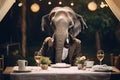 E as Elephant eating at the table, human dressed colonial outfit Generative AI