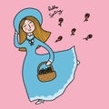 Lady in blue vintage dress dancing with rose basket hello spring cartoon vector illustration