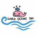 World oceans day word and cute whale cartoon illustration