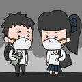 Teenager school boy and girl wearing pollution mask cover cartoon illustration