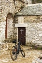 An e-bike at the Orthodox monastery Saints Asomatos in Penteli, a mountain to the north of Athens in Greece