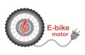 E-bike wheel motor icon. Electric bike power engine. Electrical accumulator battery charging. Electro bicycle component. Vector