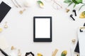 E-book reader, e-reader mockup on white table with office stationery top view. Flat lay Royalty Free Stock Photo