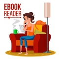 E-Book Reader Vector. Girl. Online Library. Using Ebook. Electronic Gadget. Isolated Flat Cartoon Illustration Royalty Free Stock Photo