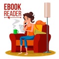 E-Book Reader Vector. Girl. Online Library. Using Ebook. Electronic Gadget. Isolated Flat Cartoon Illustration