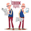 E-Book Reader Vector. Old Man. Paper Book VS E-book. Isolated Flat Cartoon Illustration