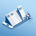 E-books isometric concept. Online mobile library in smart phone. Businessman choosing books on smart phone.