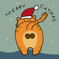 Merry Catmas cat ass wear Santa Claus hat cartoon illustration