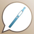 E-cigarette sign. Bright cerulean icon in white speech balloon at pale taupe background. Illustration