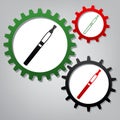 E-cigarette sign. Vector. Three connected gears with icons at gr