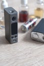 E-cigarettes with lots of different re-fill bottles Royalty Free Stock Photo