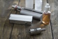 E-cigarettes with lots of different re-fill bottles Royalty Free Stock Photo