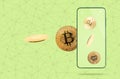 E-commerce and apps. Golden bitcoins sending to smartphone. Bright green background with digital mesh. Concept of
