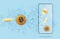 E-commerce and apps. Golden bitcoins sending to smartphone. Light blue background with digital mesh. Concept of