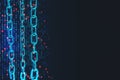 E-commerce and blockchain business concept with glowing blue chain and digital coding numbers on abstract dark background