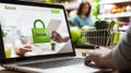 E-commerce checkout page on laptop with green padlock and \'Secure\'. Happy customer completing purchase