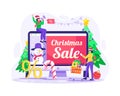 E-commerce Christmas Sale Banner and Shopping concept. People shop in E-Commerce at Christmas Sale. Vector illustration