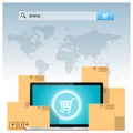 E-commerce concept with address bar above cardboard boxes and computer laptop Royalty Free Stock Photo