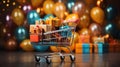 E-Commerce Concept with Multiple gift boxes in shopping cart or trolley or shopping day a Background Royalty Free Stock Photo