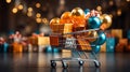 E-Commerce Concept with Multiple gift boxes in shopping cart or trolley or shopping day a Background Royalty Free Stock Photo