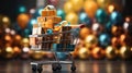 E-Commerce Concept with Multiple gift boxes in shopping cart or trolley or shopping day a Background Royalty Free Stock Photo