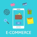 E-commerce concept. Online wallet. Smartphone with shopping icons. Online payment. Flat design vector illustration on Royalty Free Stock Photo