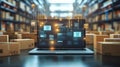 E commerce dashboard on laptop with shipping boxes in a warehouse setting during daytime operations Royalty Free Stock Photo