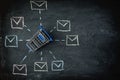 E-commerce, digital network. Email marketing and mail communication message concept: Shopping cart and mailbox symbols