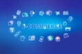 E-commerce - ecommerce web banner on blue background. Various shopping icons
