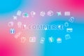 E-commerce - ecommerce web banner on blue and pink background. Various shopping icons
