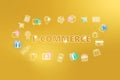 E-commerce - ecommerce web banner on golden background. Various shopping icons