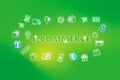 E-commerce - ecommerce web banner on green background. Various shopping icons