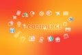 E-commerce - ecommerce web banner on orange background. Various shopping icons