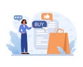 E-commerce. Female character shopping online. Woman purchasing