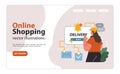 E-commerce. Female character shopping online. Woman purchasing