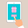 E commerce flat vector illustration. Man push buy button on tablet pc to purchase gift.