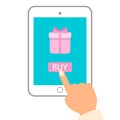 E commerce flat vector illustration. Man push buy button on tablet pc to purchase gift.